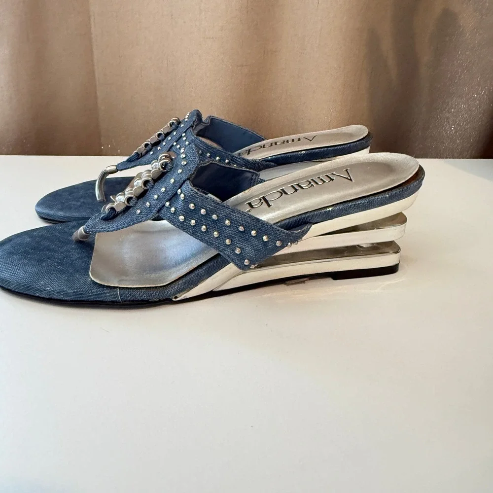 Amanda Clam Digger Blue Denim Studded Rhinestone Chrome Wedge Sandals Womens 6M